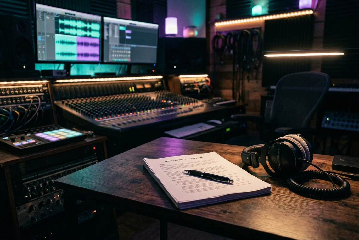 Contrato y auriculares sobre una mesa de estudio