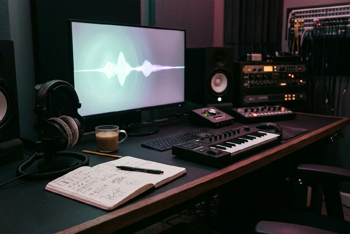 Un estudio con formas de onda en pantalla y un cuaderno de notas
