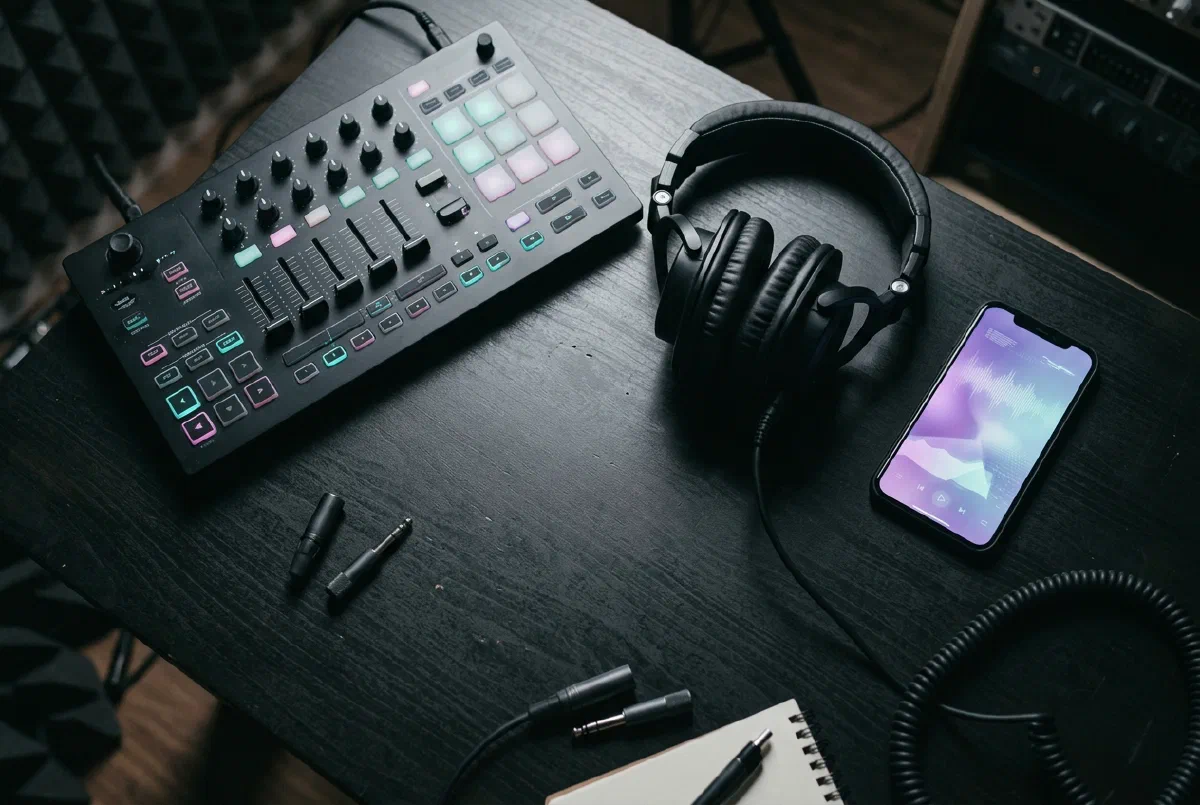 Interfaz de un generador de música con formas de onda y controles