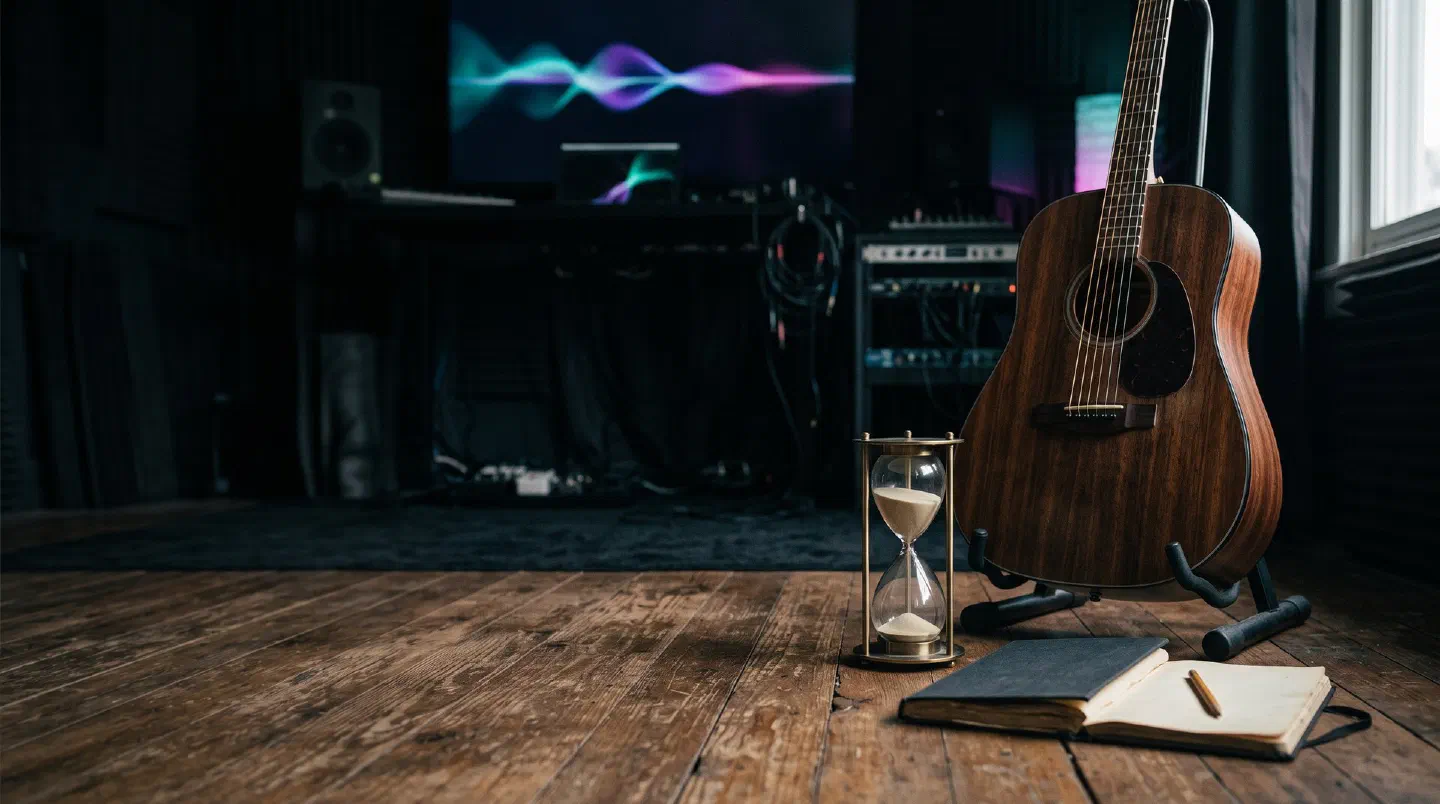 Guitarra acústica con un reloj de arena y un cuaderno de práctica