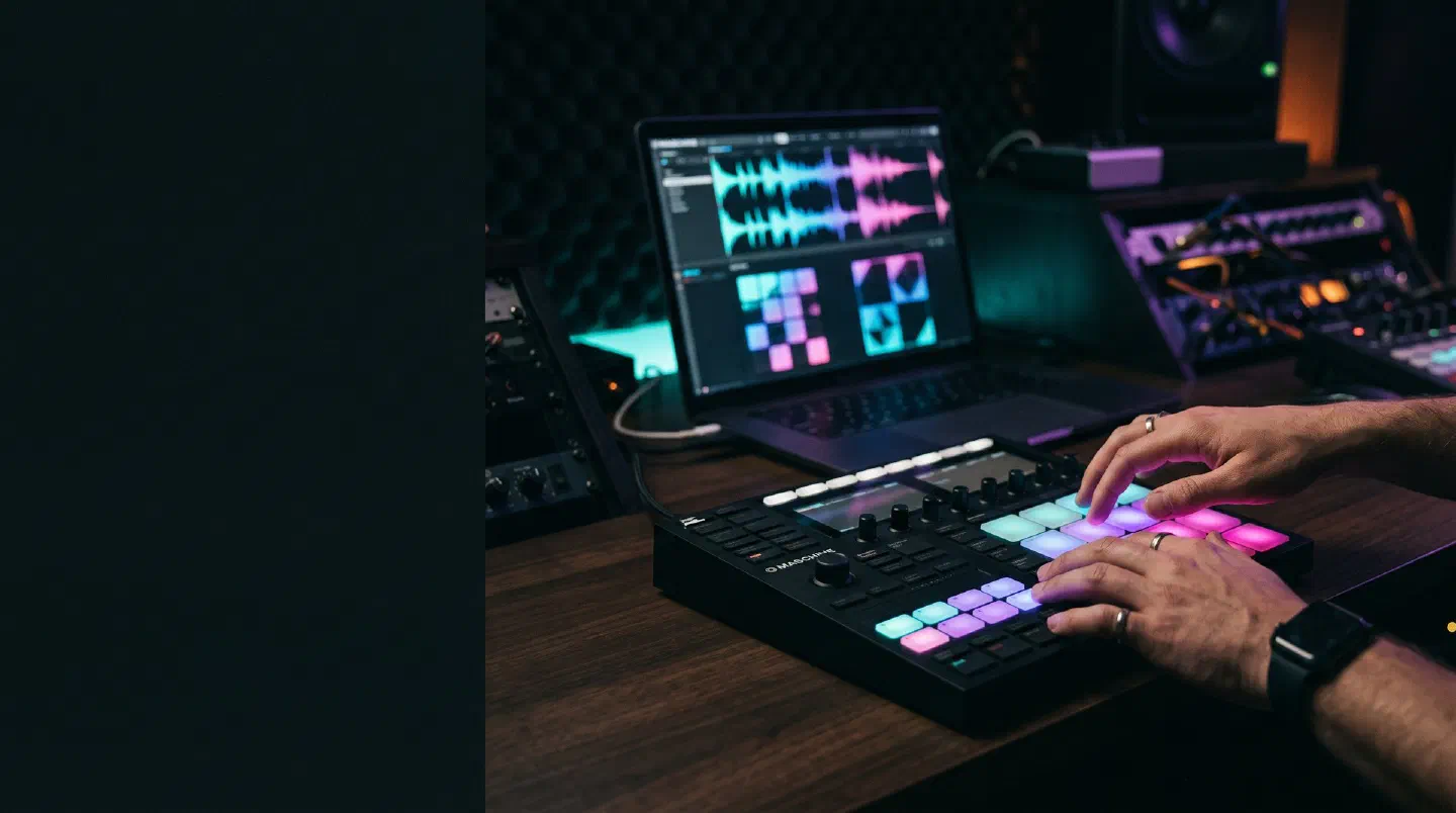 Manos de productor sobre un controlador de pads iluminados