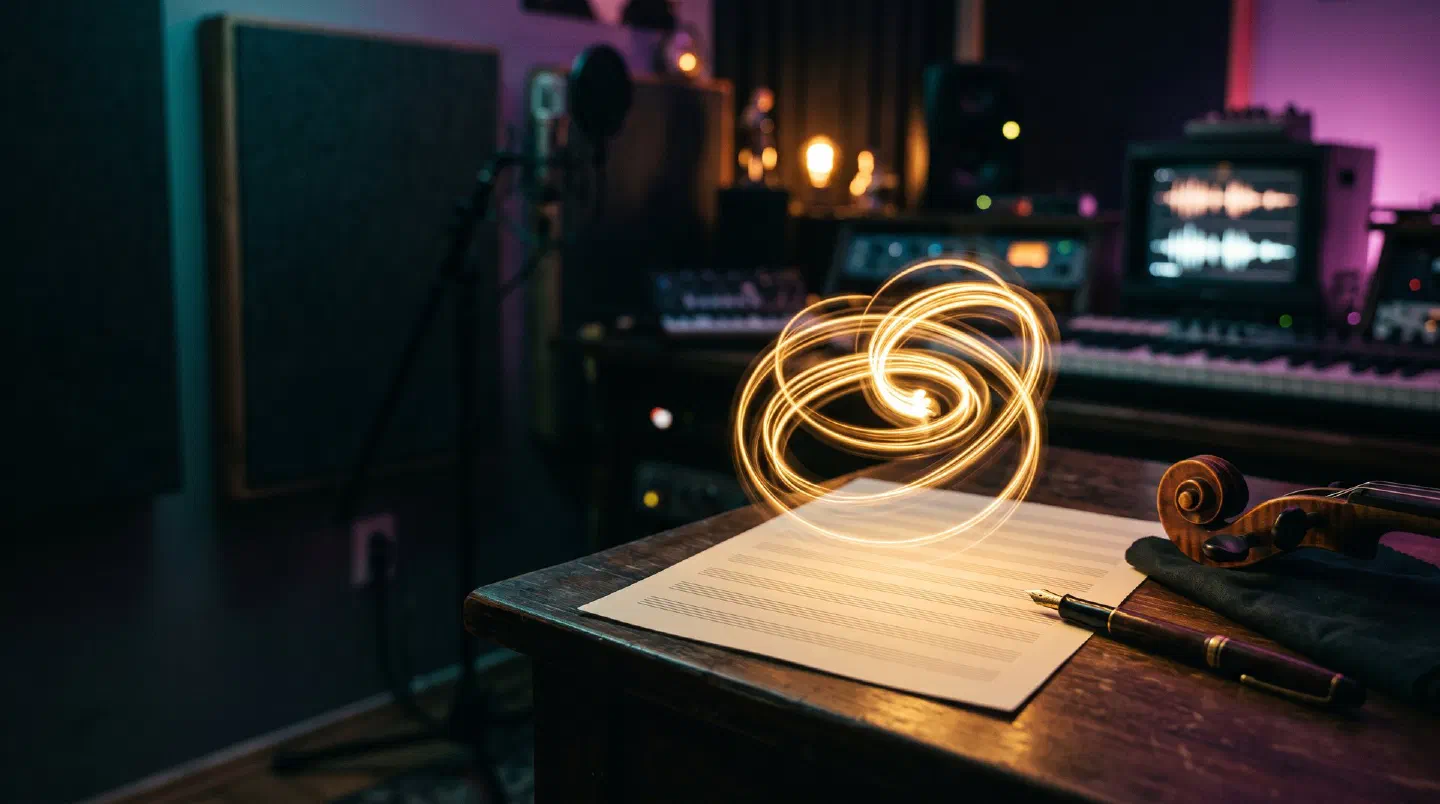 Trazo de luz dorada sobre papel pautado junto a una pluma y la voluta de un violín