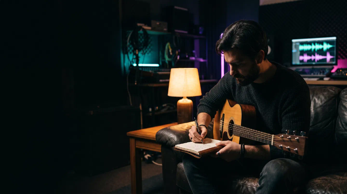 Compositor con guitarra acústica escribiendo en un cuaderno en el sofá