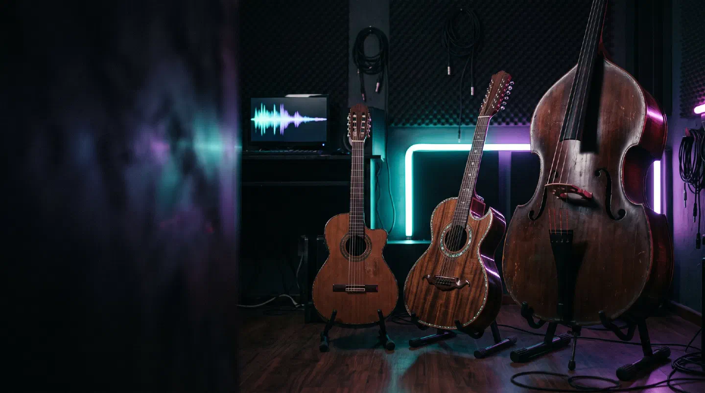 Requinto, bajo sexto y tololoche en un estudio con luces de neón