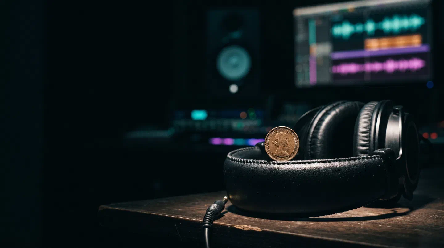 Una moneda en equilibrio sobre unos auriculares de estudio