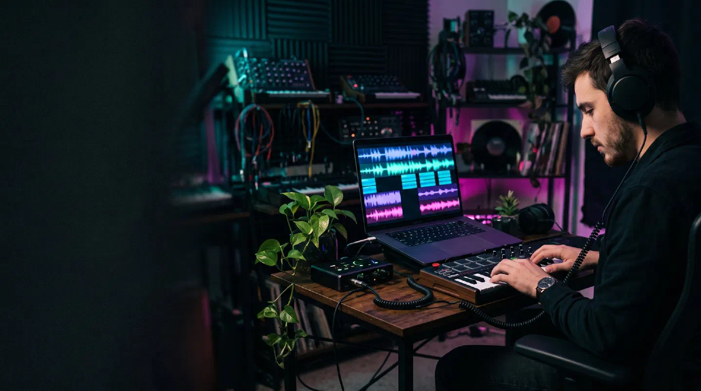Portátil con pistas de audio de colores, teclado MIDI y auriculares en un dormitorio