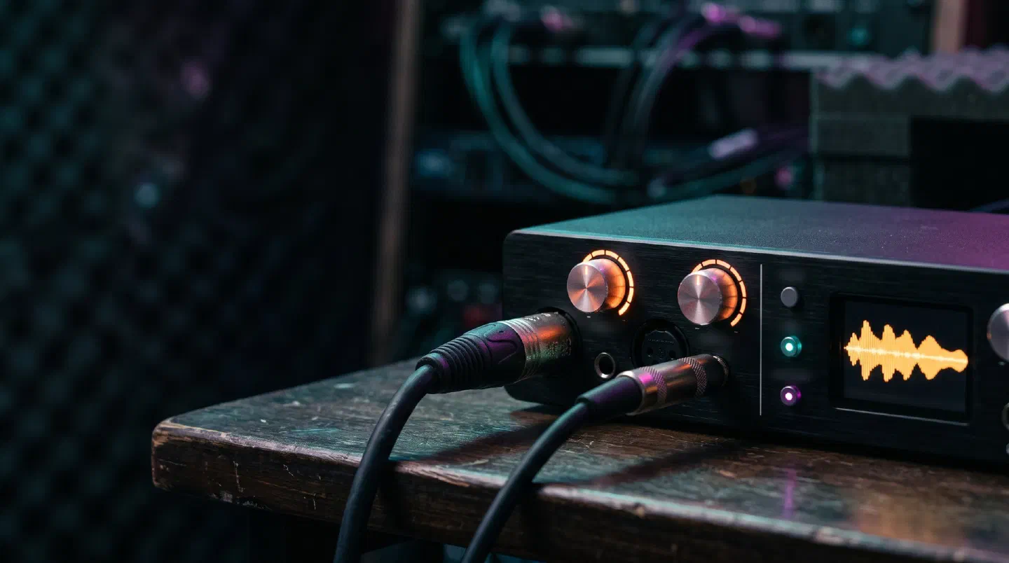 Interfaz de audio compacta con dos perillas iluminadas y cables XLR y jack