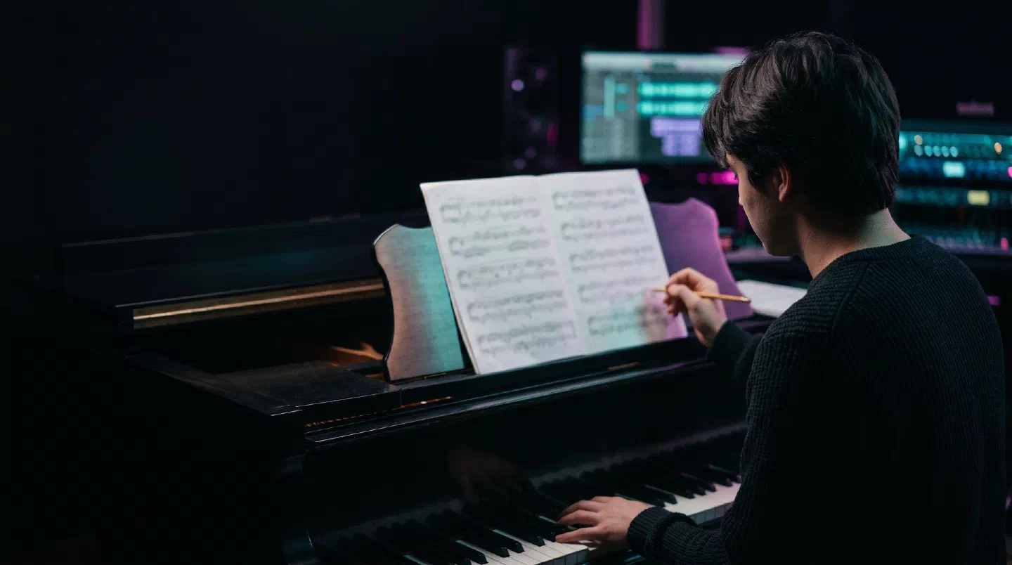 Estudiante leyendo una partitura en el atril de un piano