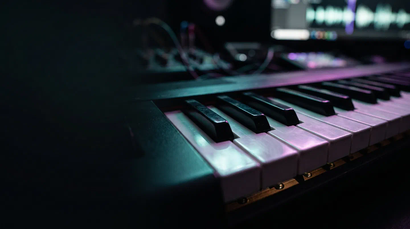 Teclas de piano con luz de colores en primer plano