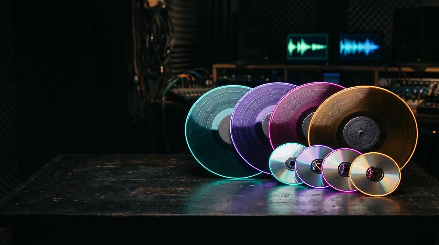 Discos de vinilo y CD abiertos en abanico sobre una mesa oscura