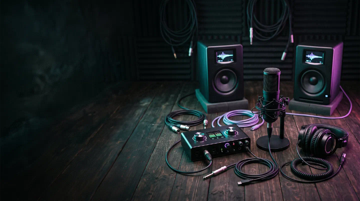 Equipo de home studio sobre el suelo: interfaz de audio, micrófono, auriculares y monitores