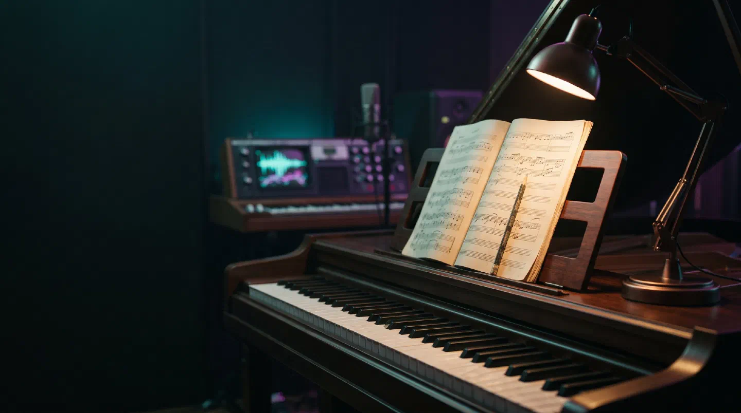 Libro de partituras abierto sobre el atril de un piano iluminado por una lámpara