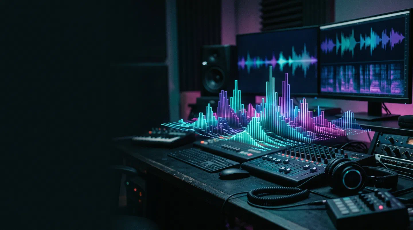 Barras de datos luminosas con forma de espectro de audio sobre un escritorio