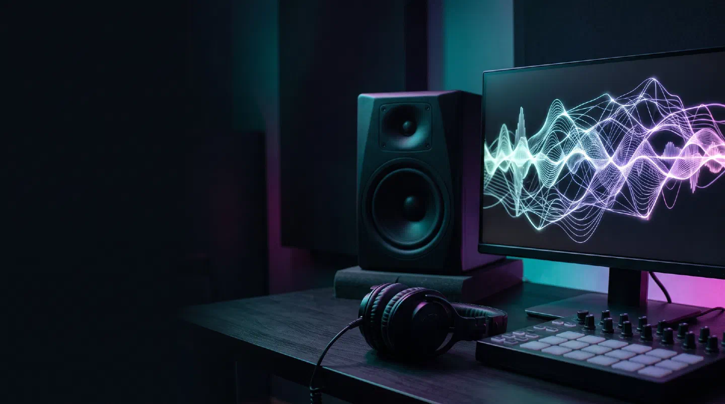 Monitor de estudio con una red de ondas sonoras luminosas y un controlador MIDI delante