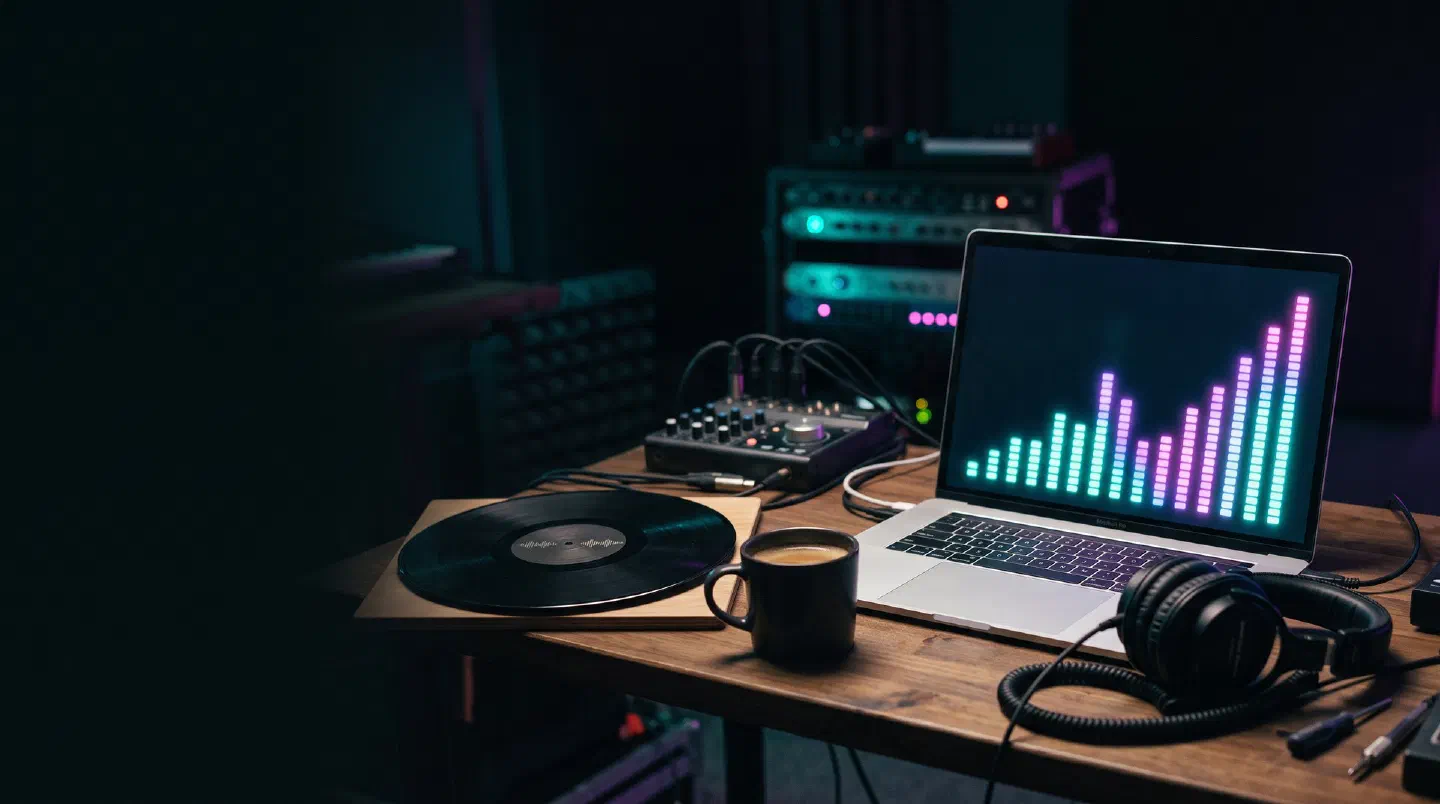 Escritorio de músico con portátil, disco de vinilo, auriculares y una taza