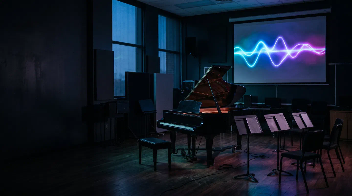 Aula de música al atardecer con piano, atriles y una pantalla con una forma de onda