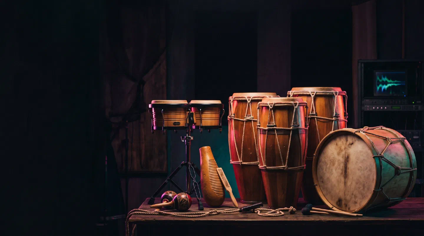 Percusión latinoamericana: tambores de candombe, bongós, güiro, maracas y bombo legüero