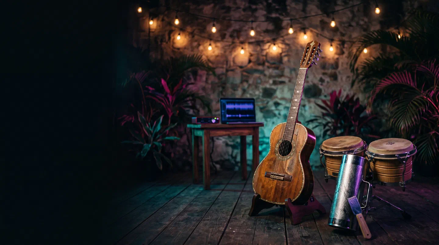 Requinto, bongós y güira en un patio caribeño con luces de noche