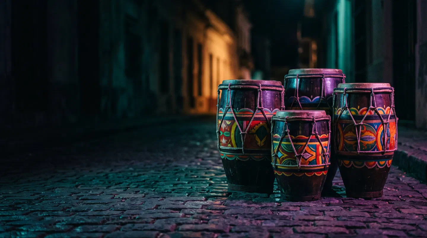 Tres tambores de candombe pintados sobre los adoquines de una calle de Montevideo