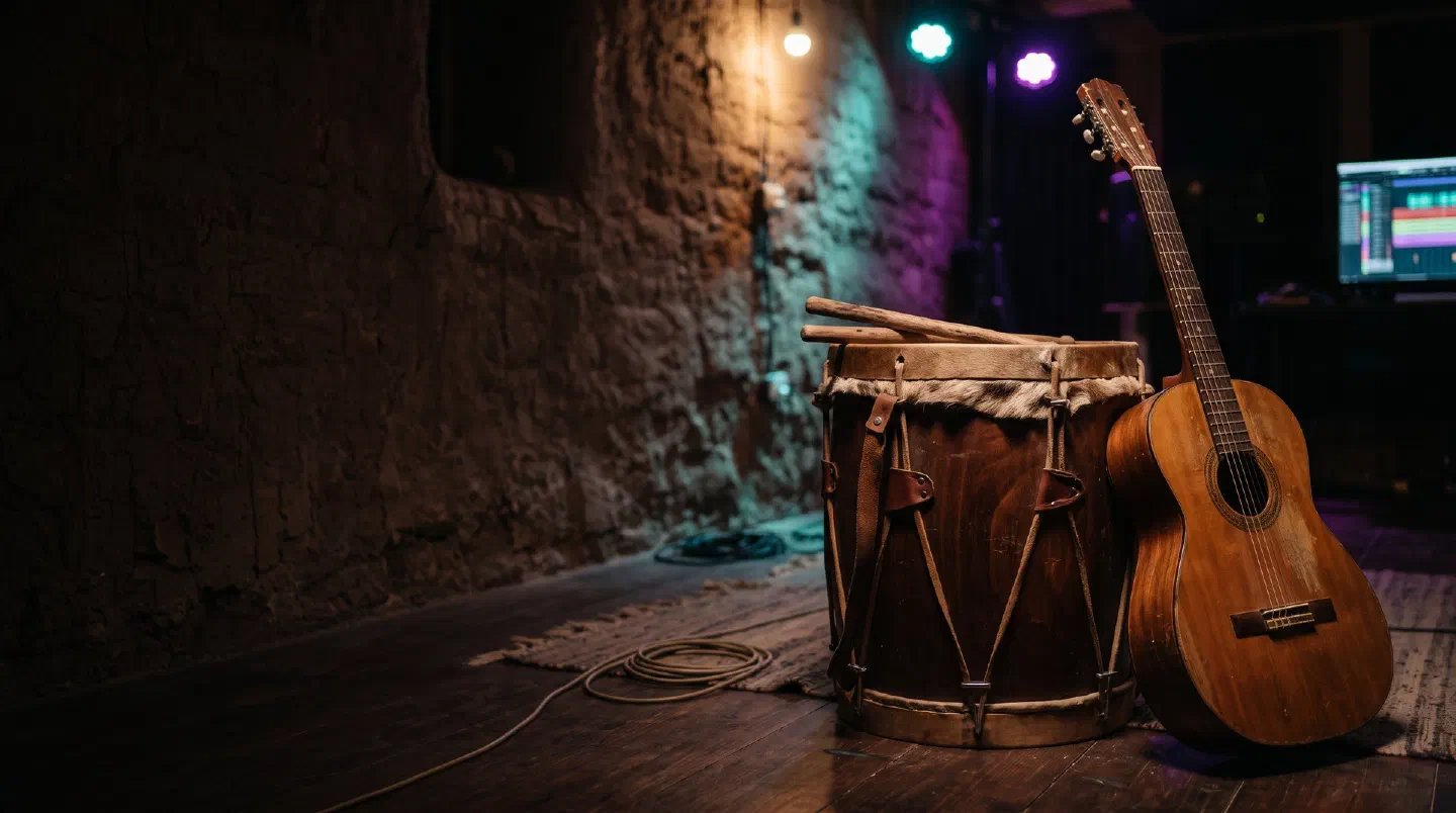Bombo legüero con parche de cuero y palillos junto a una guitarra criolla