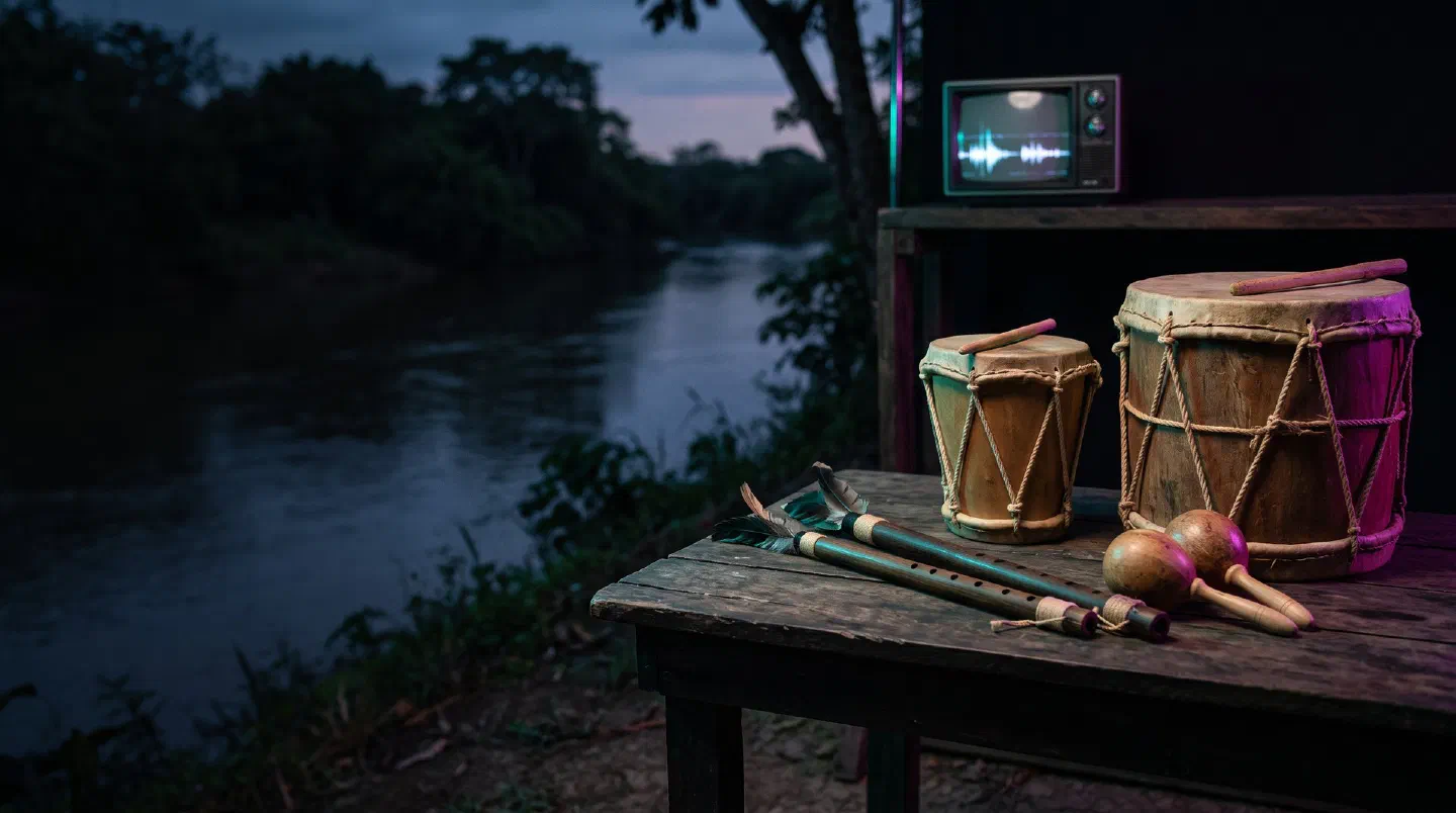 Instrumentos de cumbia colombiana: tambora, llamador, gaitas y maracas a orillas del río