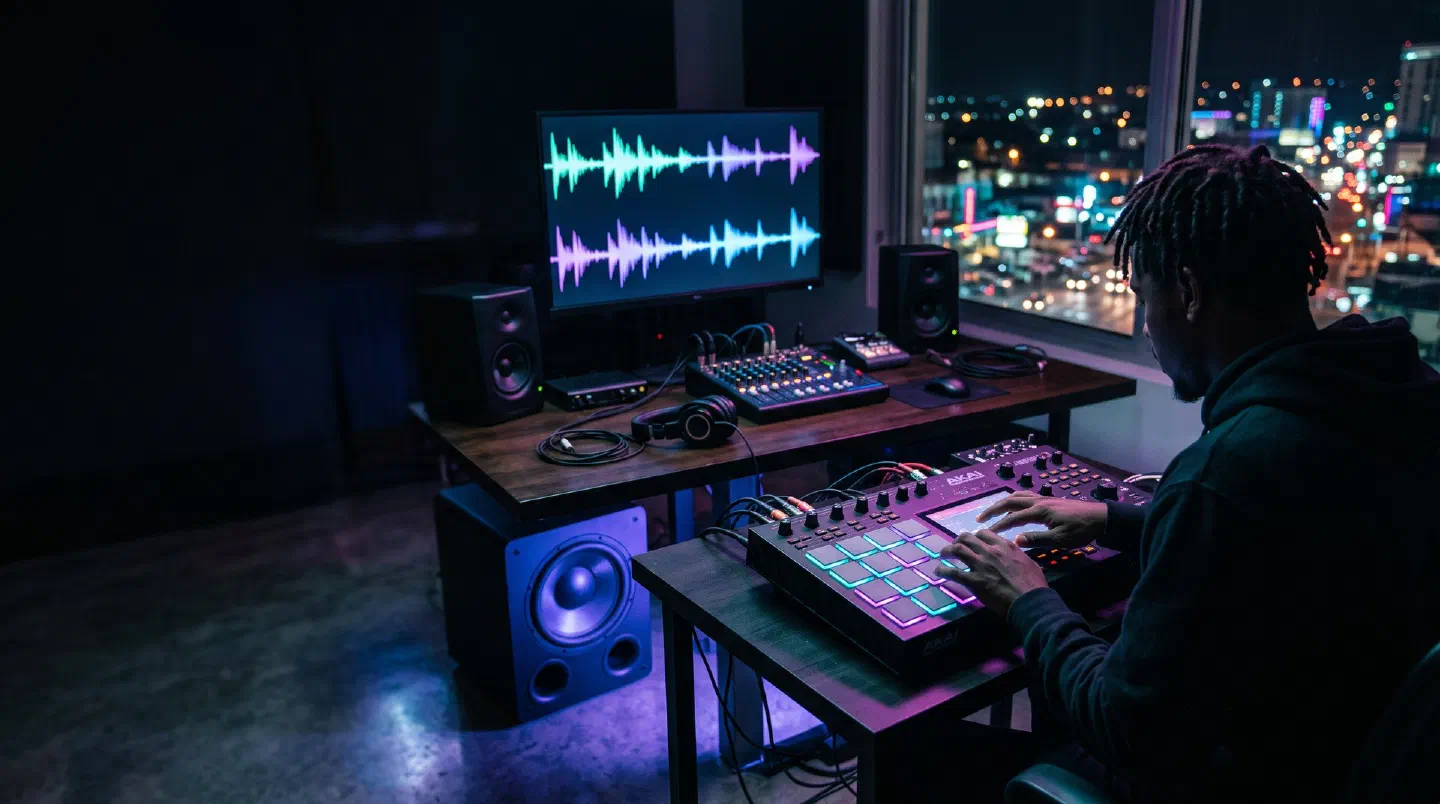 Pads de batería y un subwoofer iluminados con reflejos de neón