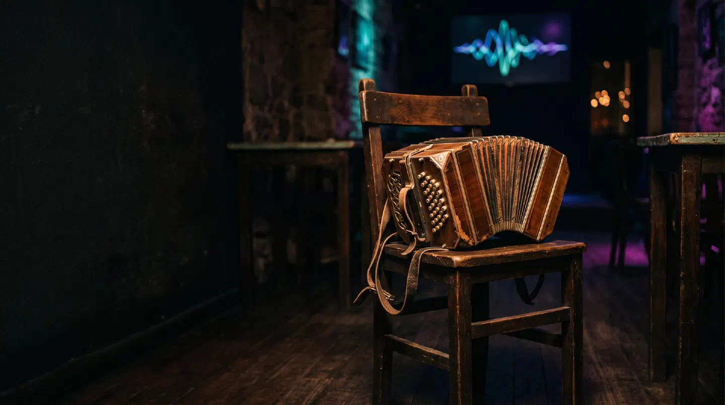 Bandoneón sobre una silla de madera en un viejo café porteño de noche