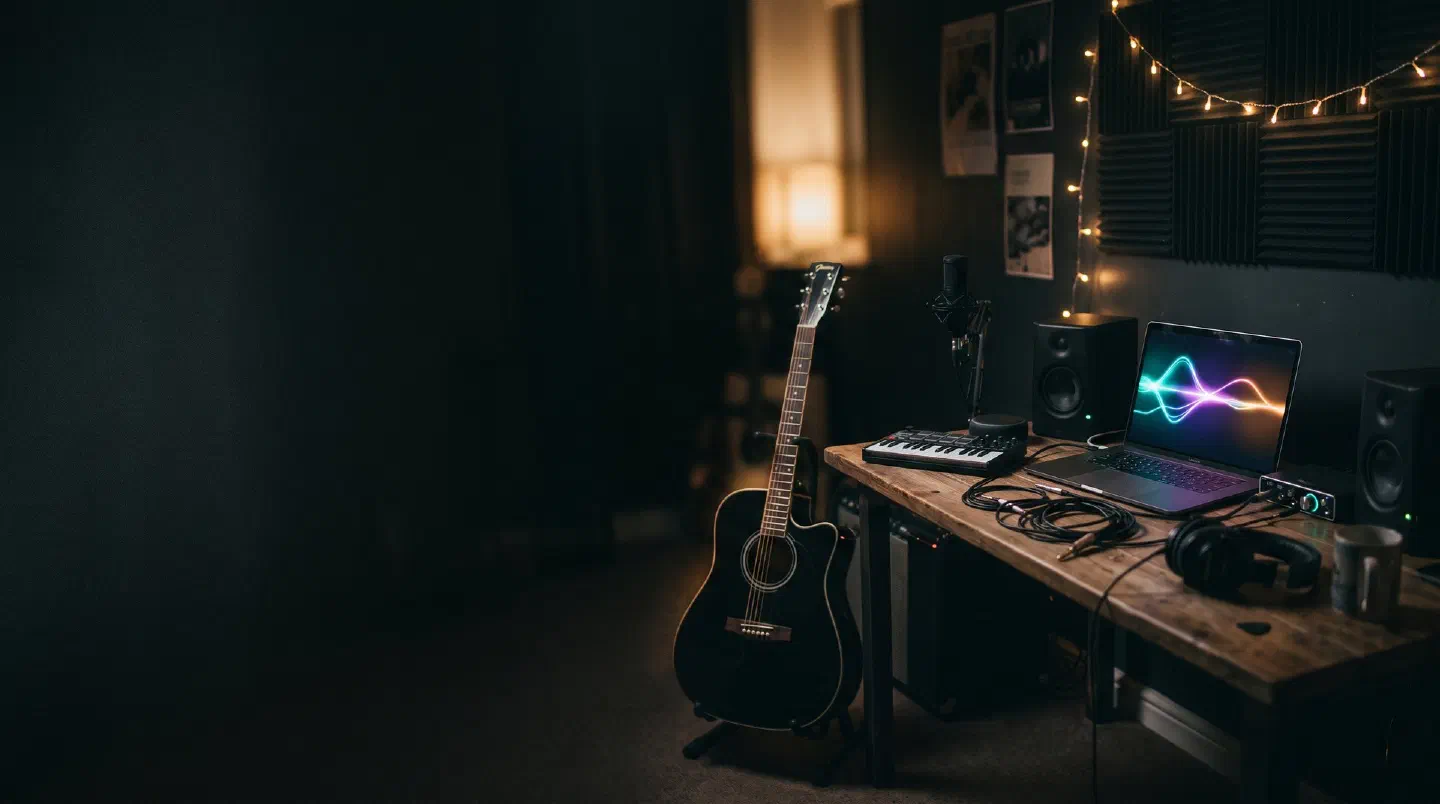Pequeño estudio de dormitorio con guitarra, portátil y luces de colores