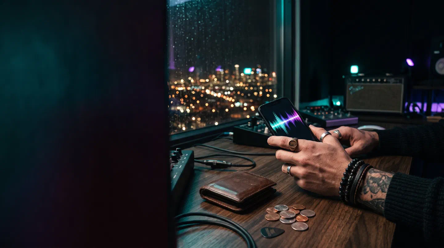 Mano con un móvil que reproduce música, cartera y monedas sobre un escritorio de noche
