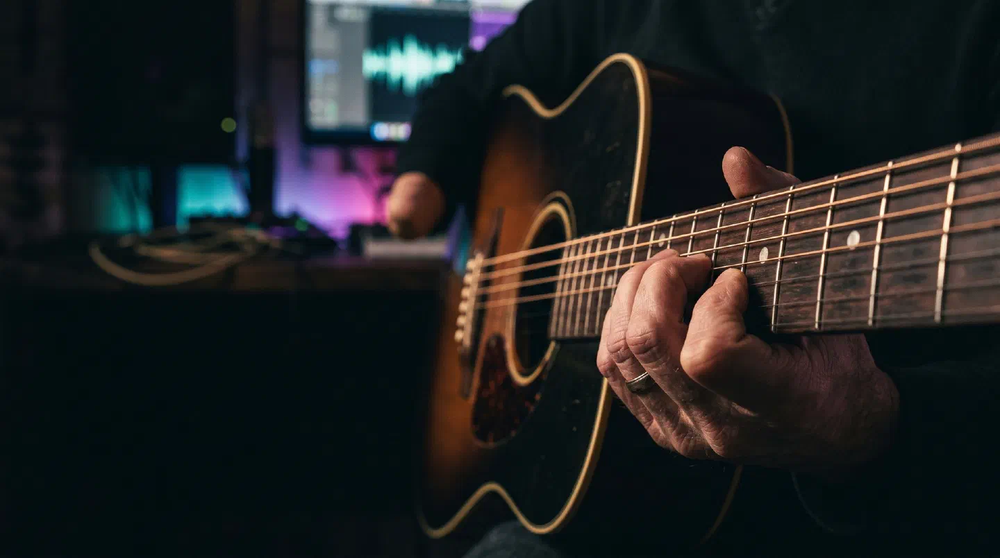 Mano formando un acorde en el diapasón de una guitarra acústica