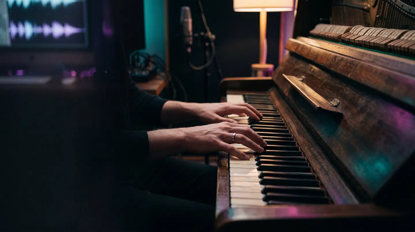 Dos manos tocando un acorde en un piano vertical, vista cenital