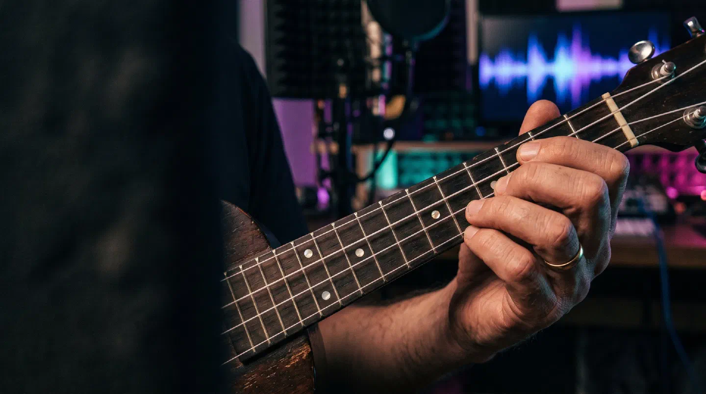 Dedos pisando las cuerdas de un ukelele