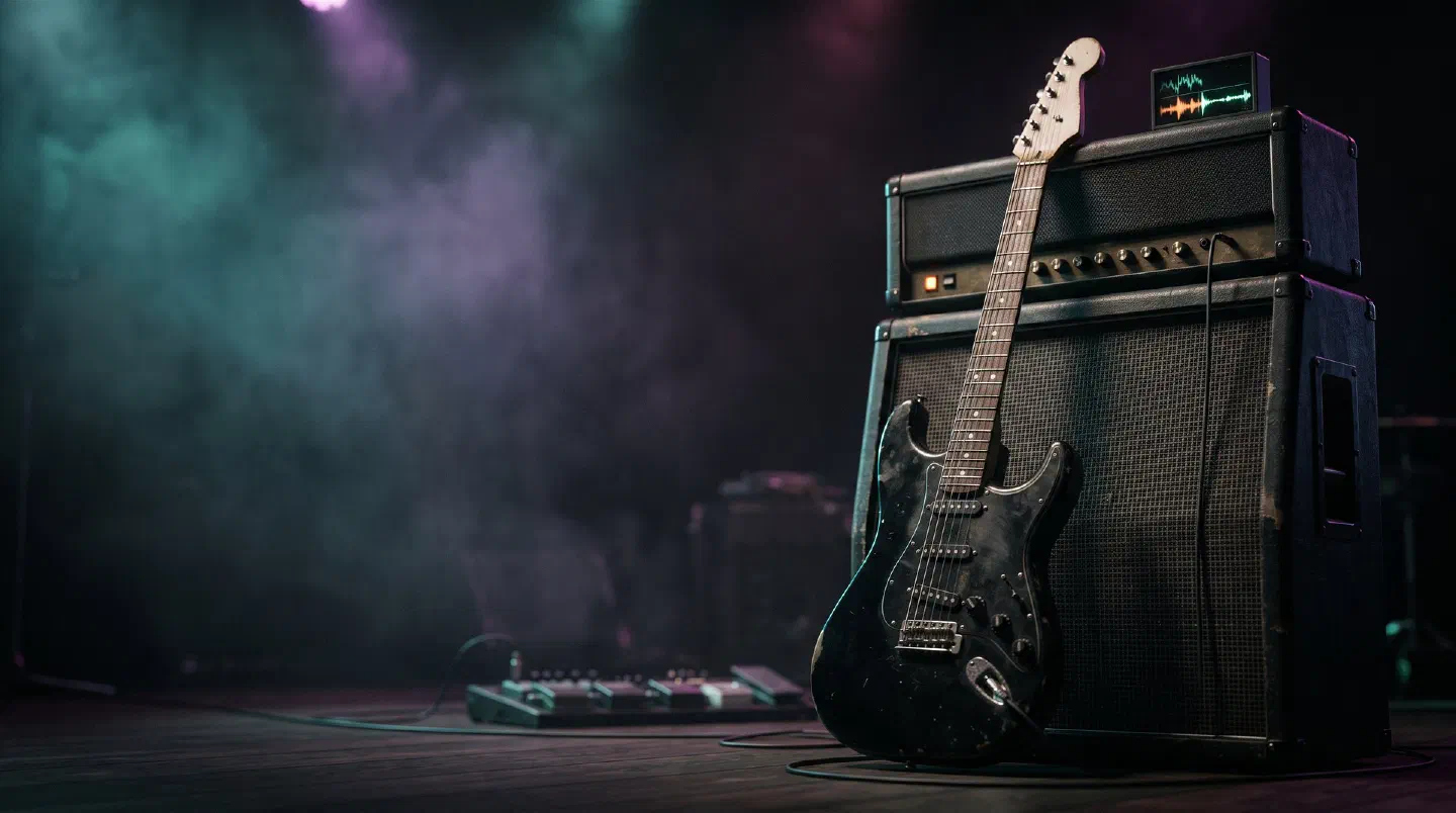 Guitarra eléctrica negra apoyada en un amplificador entre humo de escenario