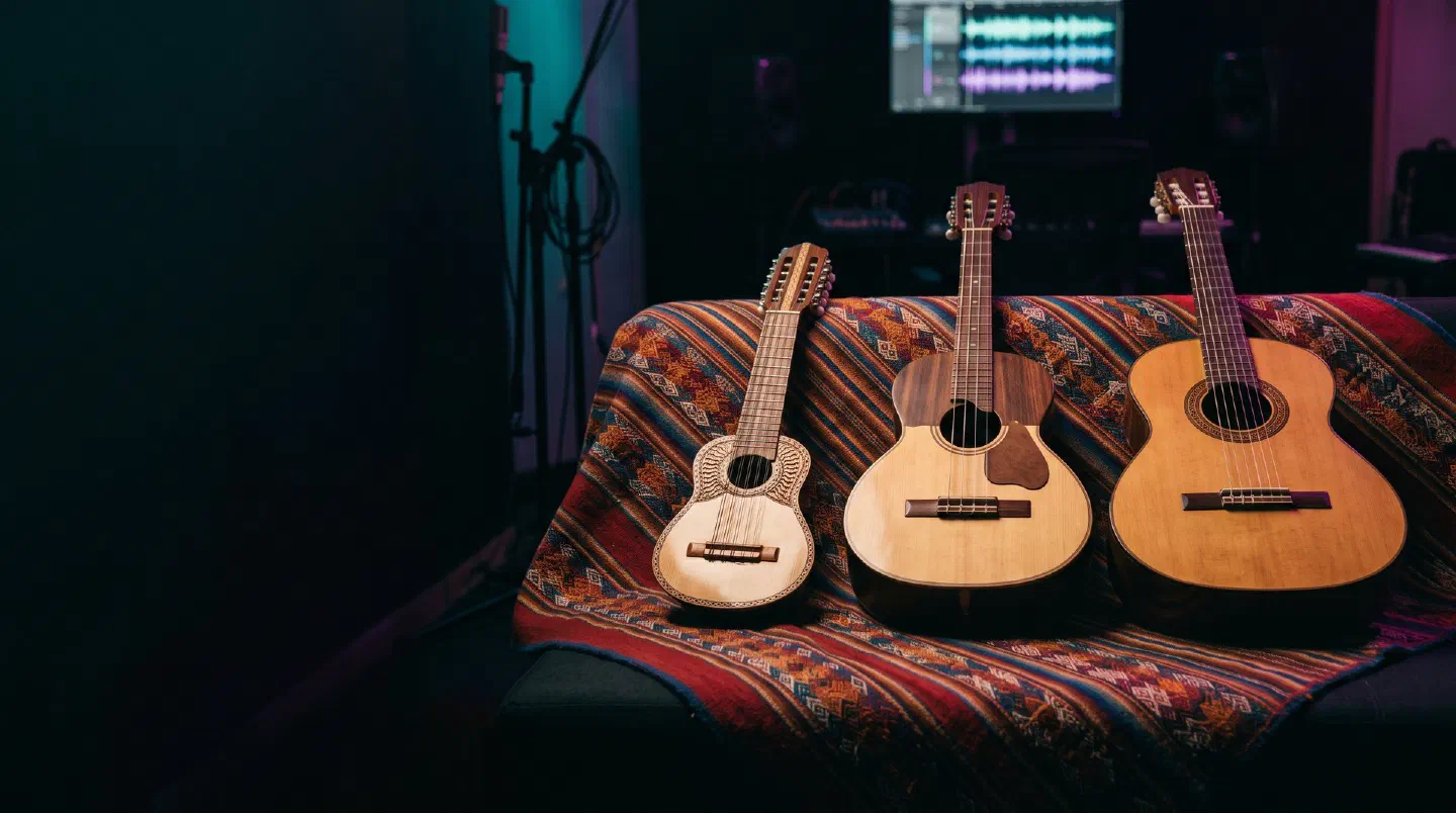 Charango, cuatro venezolano y requinto sobre un tejido andino
