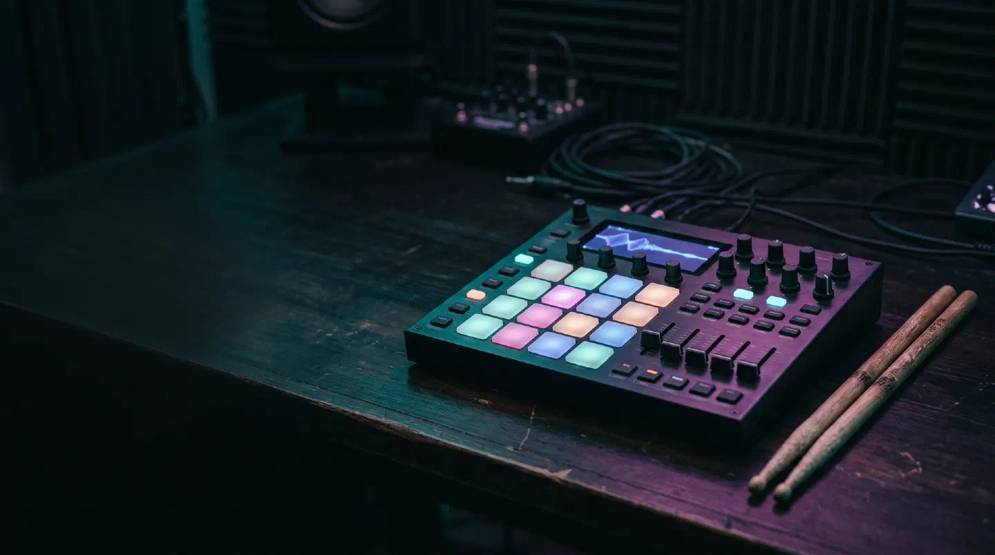 Caja de ritmos con pads iluminados y baquetas sobre una mesa