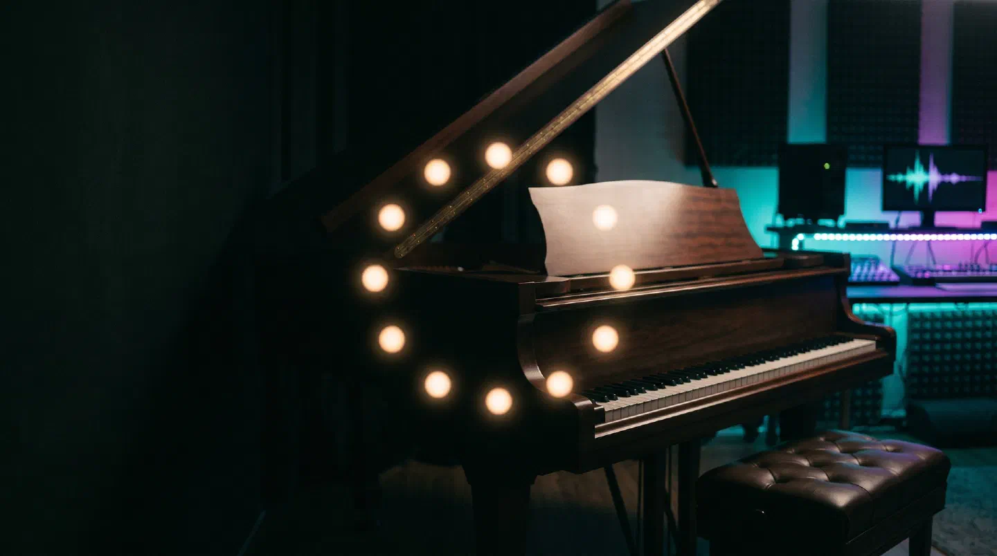 Puntos de luz en círculo flotando sobre un piano