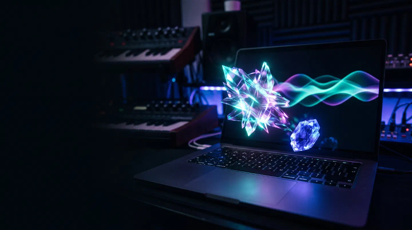Cristal luminoso de audio que se transforma en otro más compacto sobre un teclado