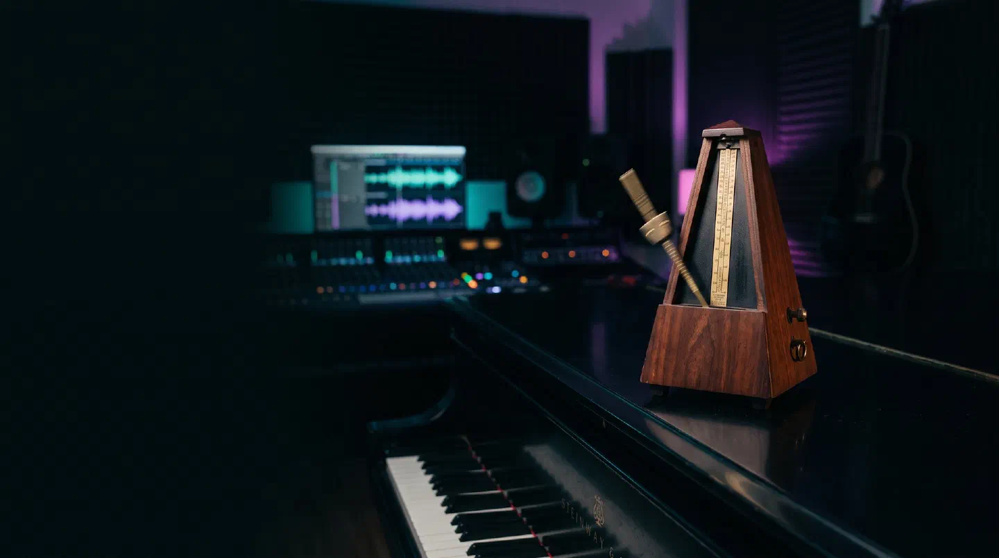 Metrónomo de madera con el péndulo en movimiento sobre la tapa de un piano
