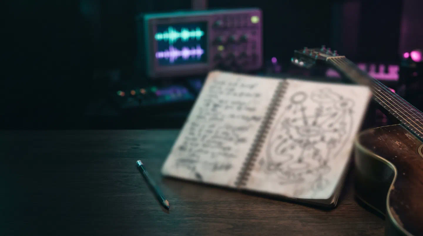 Cuaderno de compositor con flechas y formas dibujadas junto a una guitarra