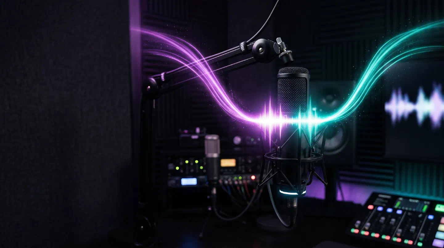Micrófono de estudio con una forma de onda que se separa en dos corrientes de color