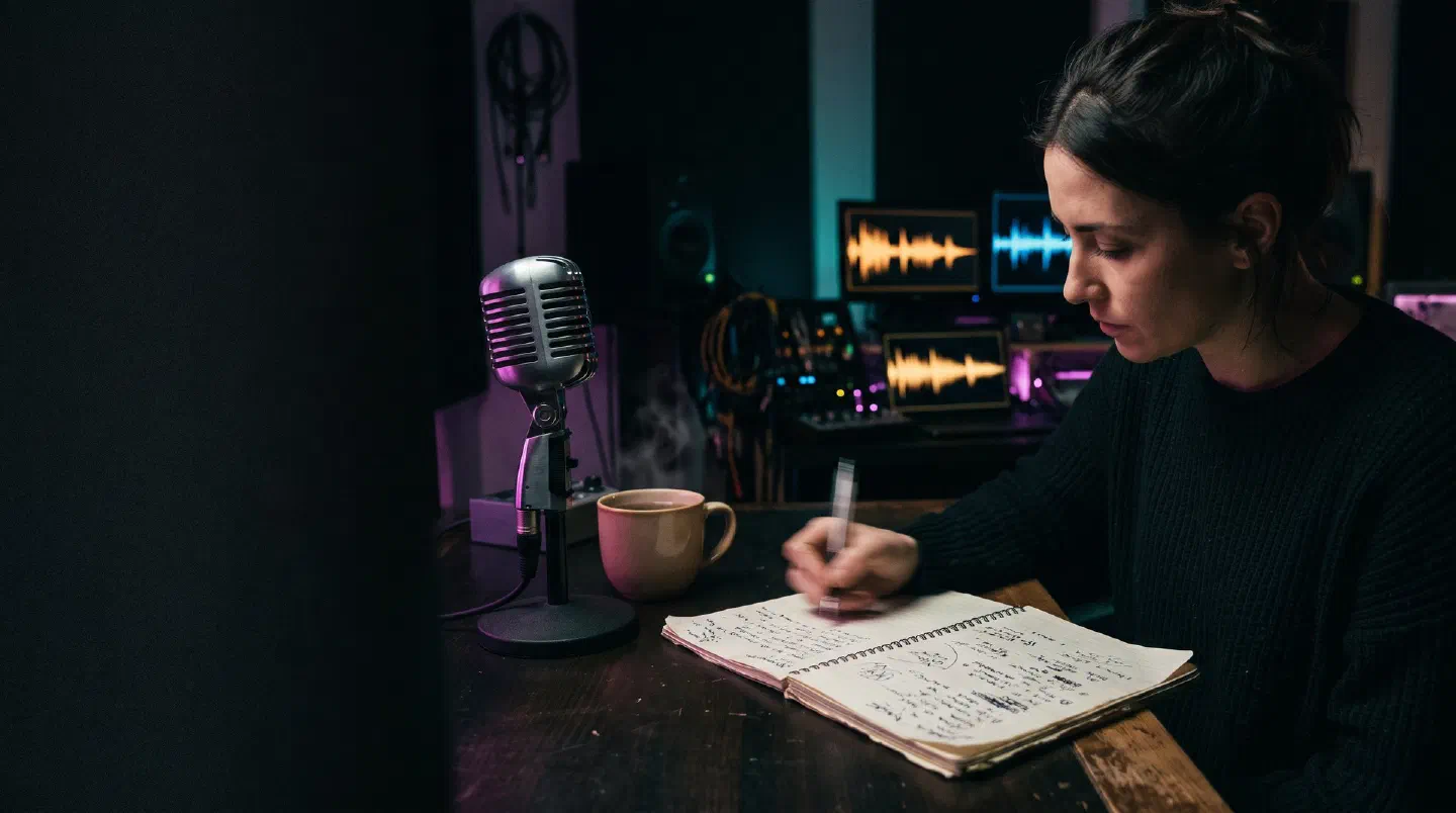 Compositor escribiendo en un cuaderno de noche junto a un micrófono antiguo