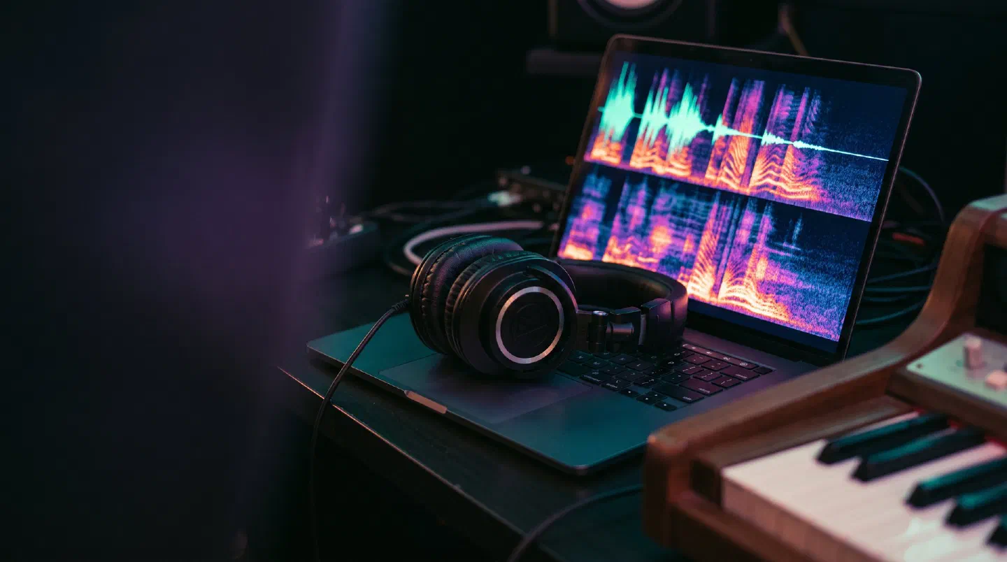 Auriculares sobre un portátil con un espectrograma de colores