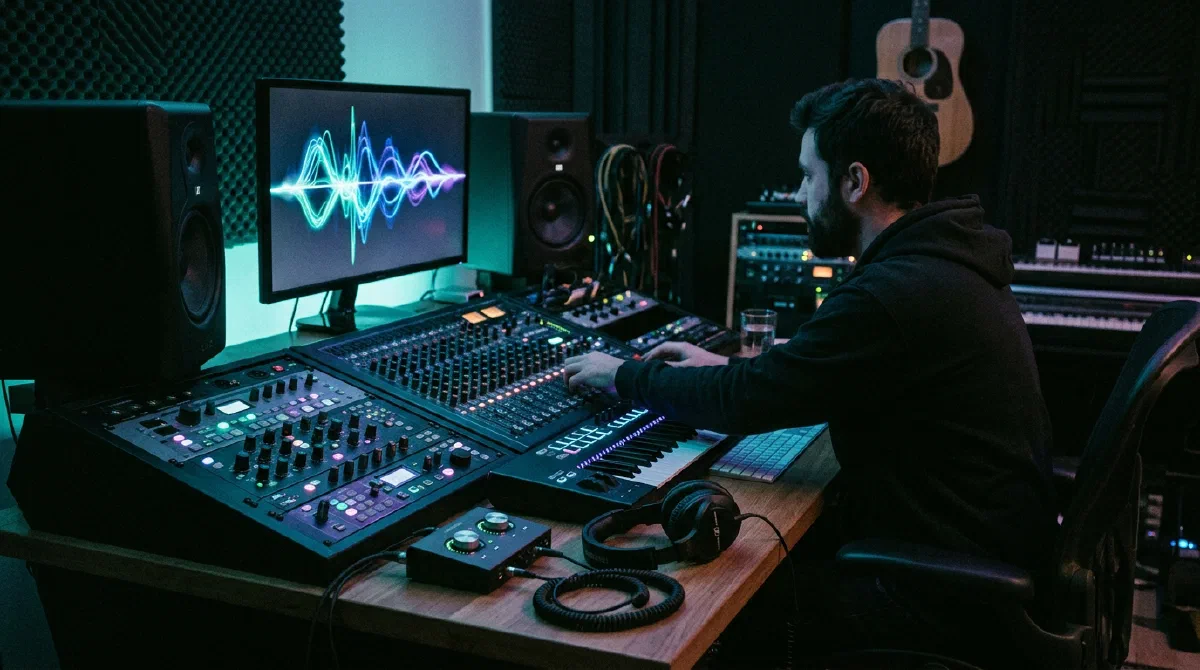 Estudio de producción musical con luz tenue, pantallas mostrando formas de onda