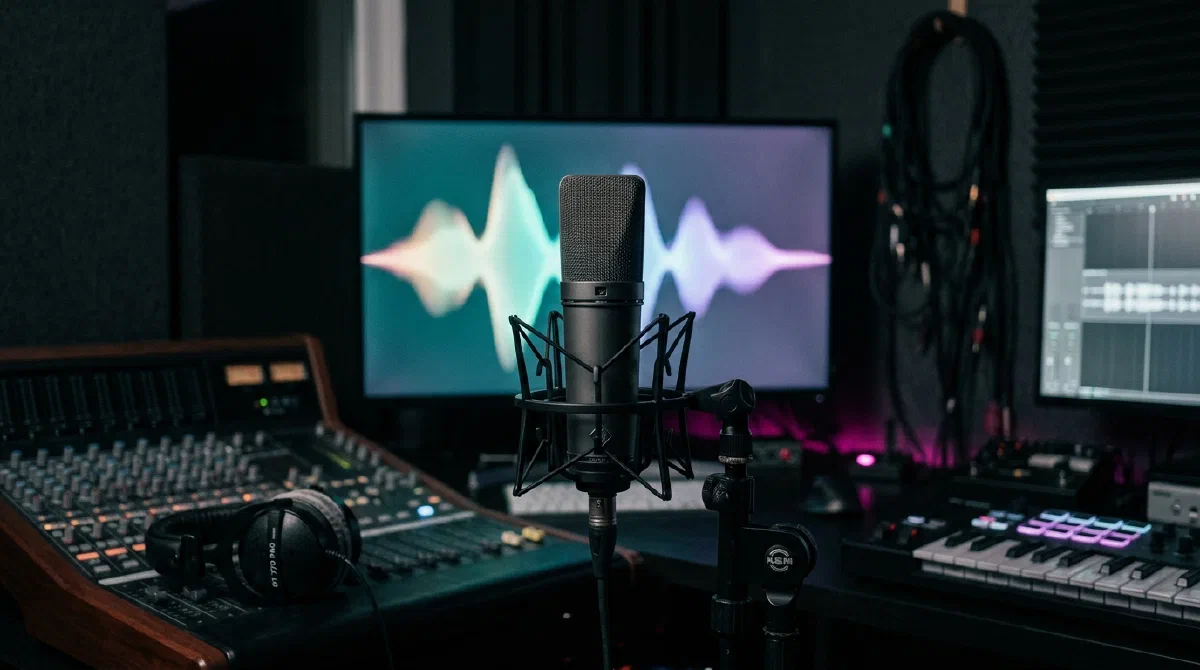 Micrófono de estudio con una forma de onda en pantalla al fondo