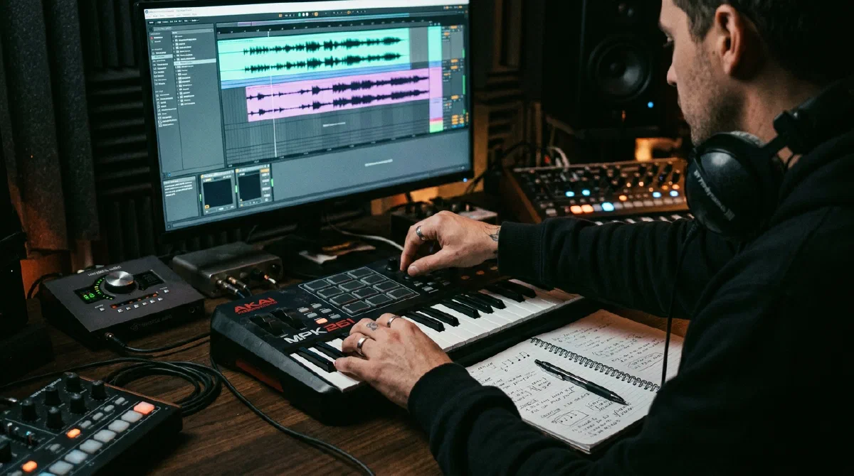 Manos sobre un controlador MIDI con una canción en pantalla
