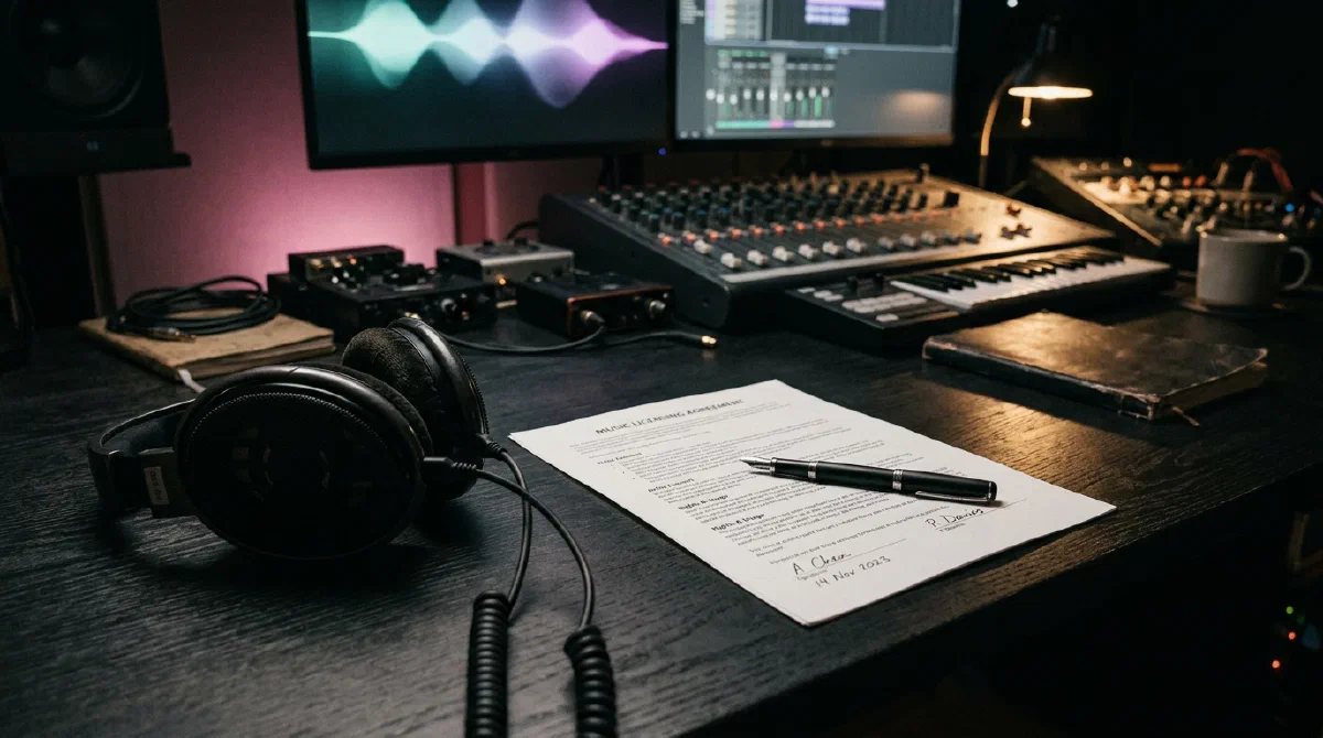 Documento de derechos y auriculares sobre una mesa de estudio