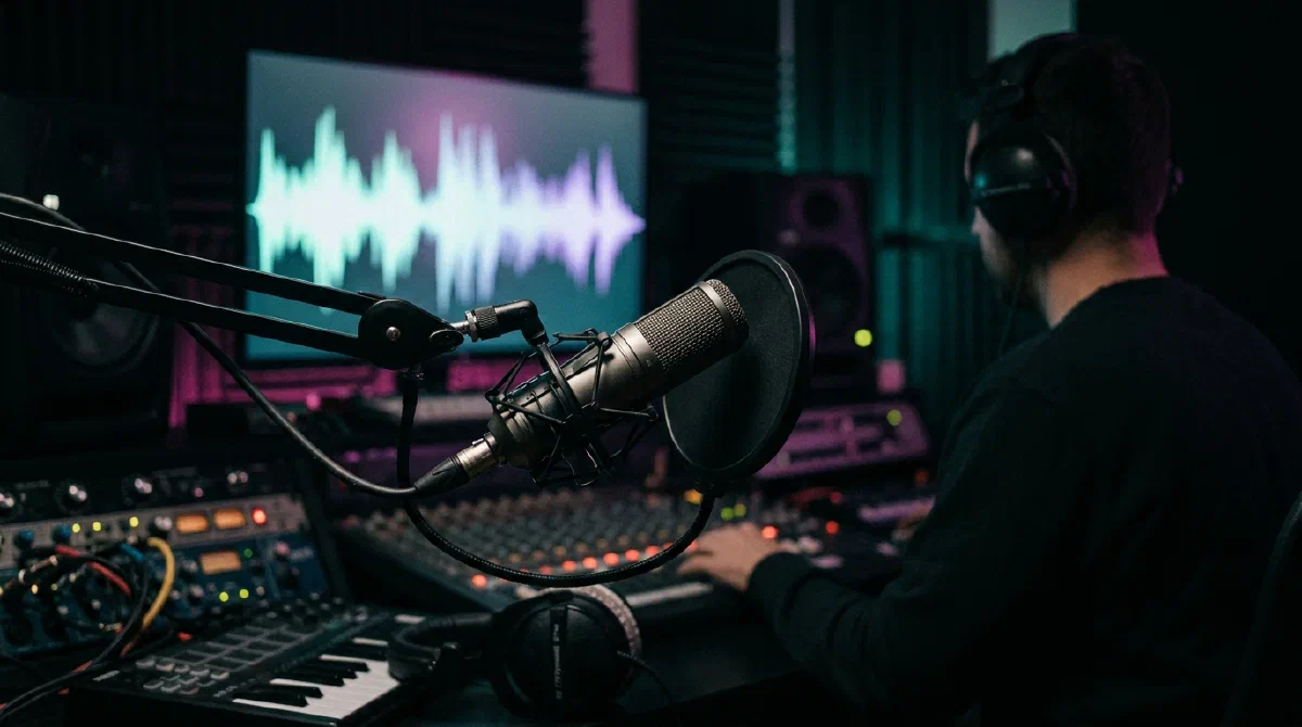 Micrófono de estudio y una forma de onda de voz en pantalla