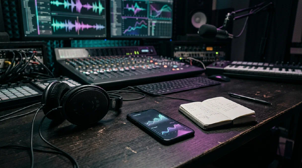 Auriculares, un teléfono con estadísticas y una libreta de cuentas