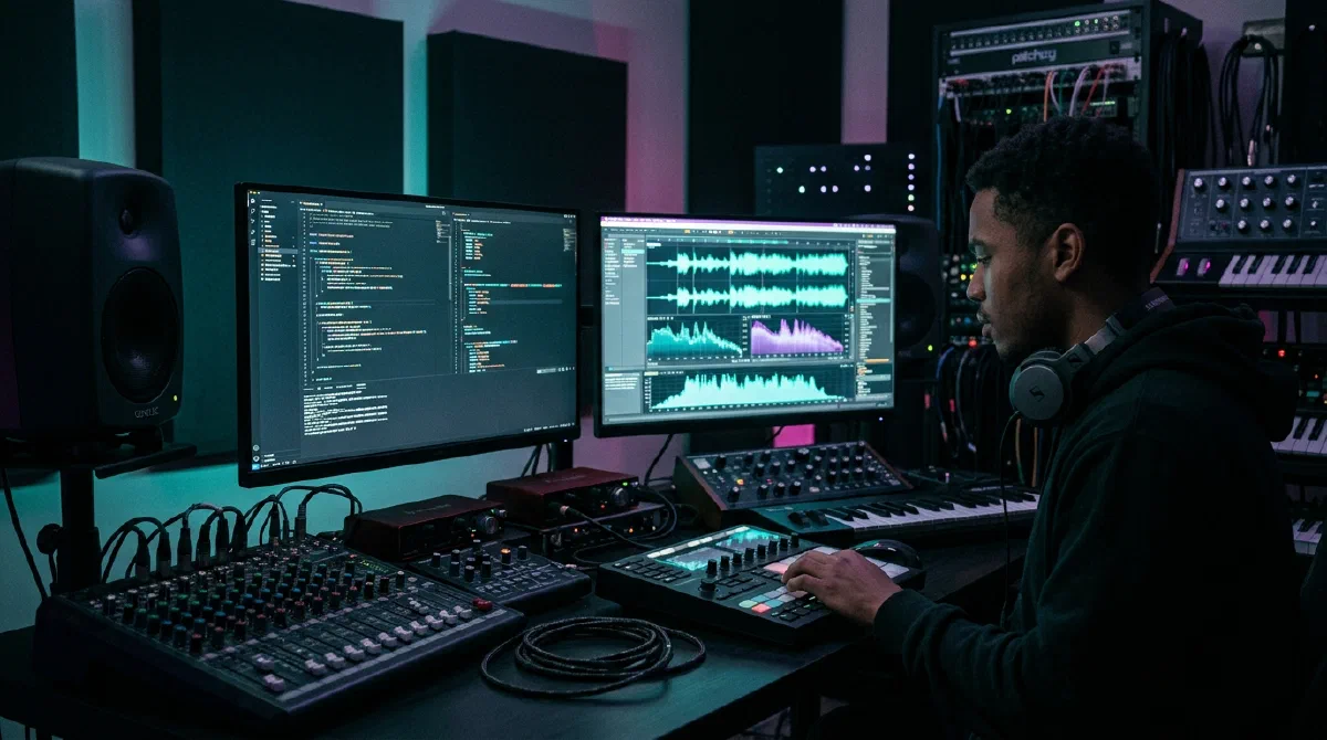 Pantalla de código junto a formas de onda de audio