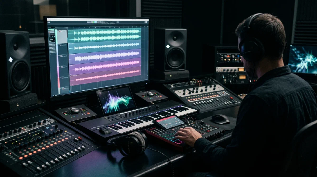 Estación de trabajo con stems de audio en pantalla